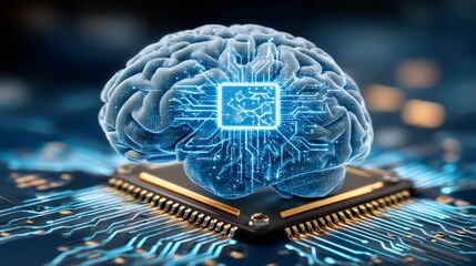 Digital Brain Fusion: A futuristic concept merges the human brain with technology, showcasing an intricately detailed digital rendering of a brain resting upon a microchip.