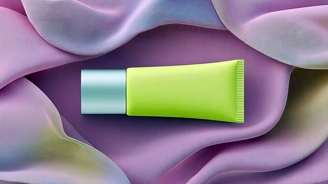 A bright lime green cosmetic tube with a silver cap is elegantly placed on flowing, iridescent pastel fabric in shades of lavender and light blue.