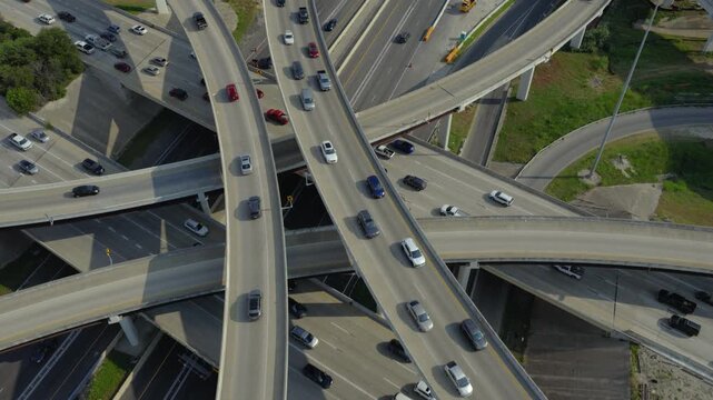 Aerial Drone Flyover of Busy Austin Freeway Interchange with Ongoing Construction