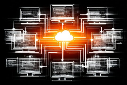 Digital Connectivity: A visual representation of data transfer, showing a central cloud connected to multiple computer monitors, highlighting the concept of cloud computing and network infrastructure.