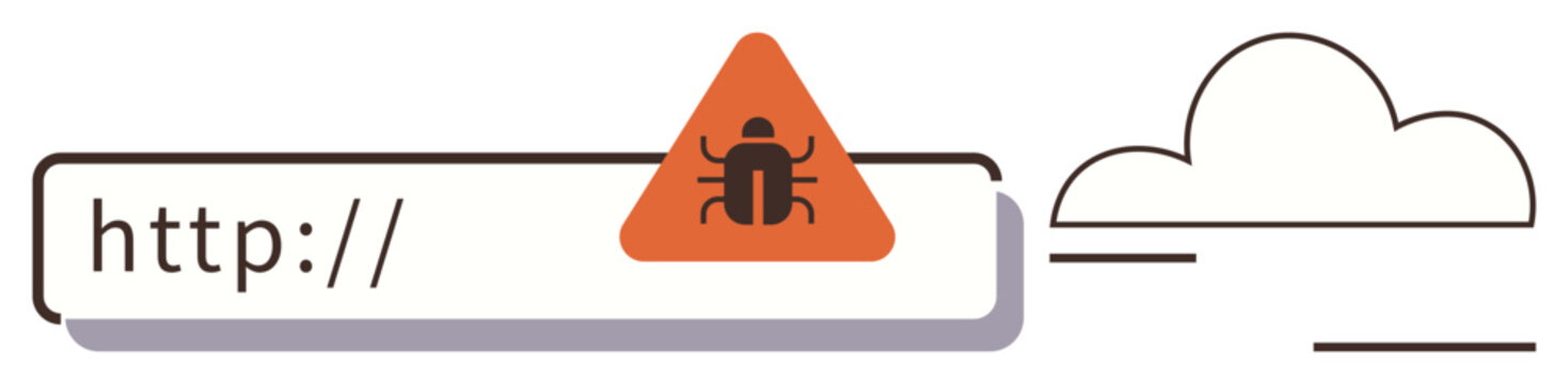 Red alert triangle with bug icon inside URL bar signifying malware threat, web vulnerability, cyber risk. Ideal for cybersecurity, hacking prevention, online safety, browser warning, internet