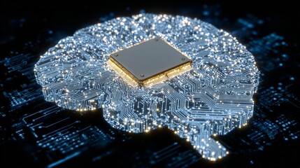 Digital Brain: A sophisticated representation of a human brain crafted from circuit board components, with a central processing unit (CPU) at its core.