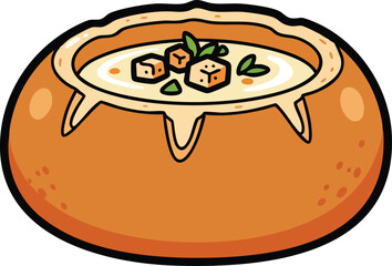 Cartoon Bread Bowl Filled With Creamy Soup Garnished With Croutons and Herbs