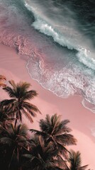 Coastal Serenity: A picturesque scene of gentle waves caressing a sandy beach, framed by swaying palm trees, invoking tranquility and the essence of a perfect summer getaway.