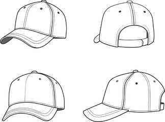 Set of four baseball cap technical flat drawings showing front, back, and two side views for apparel design, technical pack, and product mockup template.