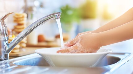 Hand Washing under Faucet: A close-up view shows a person gently washing their hands with soap and water under a shiny chrome faucet. A serene scene.