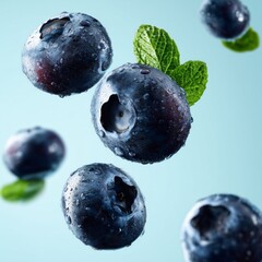 Blueberry Burst: A refreshing burst of blueberries, each bead glistening with dew, accompanied by vibrant mint leaves, set against a serene backdrop of pale blue.