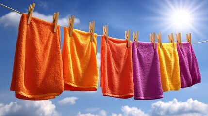 Colors in the Sky: A vibrant display of colorful towels, gently swaying in the breeze, clipped to a clothesline under a radiant sun. Capturing a simple, cheerful scene of domestic life.