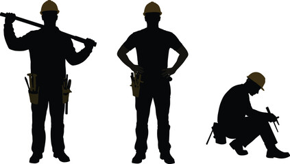 Construction worker silhouettes, hard hat poses, tool belt team, standing and squatting figures, black shapes, labor theme, digital art, white background
