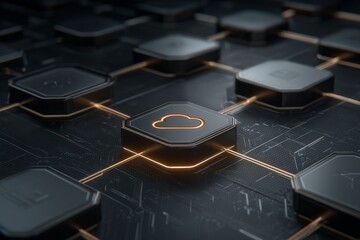 Cloud Computing Network: A dynamic visual representation of a cloud computing network, symbolizing seamless connectivity and the power of cloud technology. It evokes a sense of futuristic innovation.