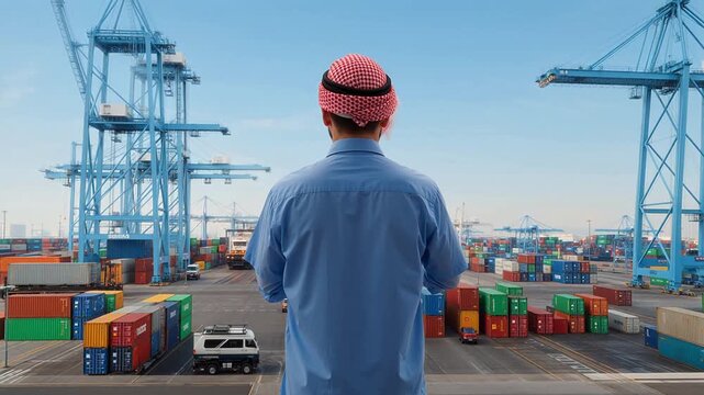 Man overlooking container port