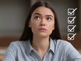 Decision Dilemma: A thoughtful individual gazes upwards, contemplating options as checkmarks visually represent choices, symbolizing a crucial moment of reflection.