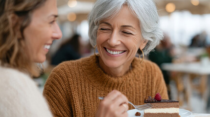 Joyful moment between best friends sharing dessert at a café