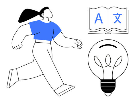 Confident woman walking forward near open book with multilingual characters and lightbulb. Ideal for education, learning, progress, creativity, innovation, personal growth, motivation. Simple flat