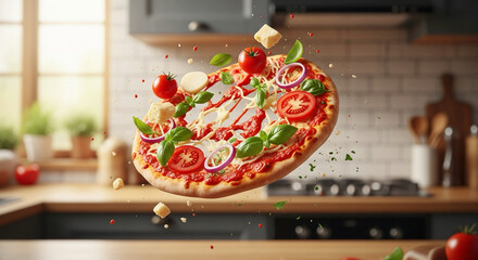 A raw pizza base with fresh, floating ingredients hovers dramatically above a modern kitchen counter.