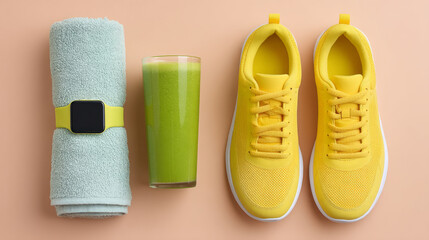 Flat lay of fitness essentials with shoes, towel, smartwatch, and green smoothie for an active lifestyle