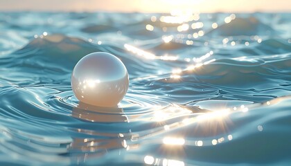 Pearl floating on calm water surface with sun reflections.