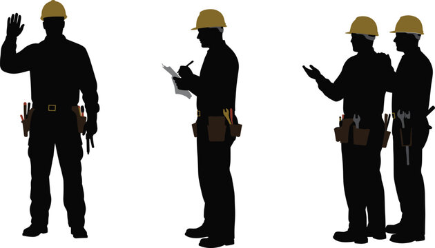 Construction worker silhouettes, hard hat team, clipboard and gesture poses, tool belt crew, teamwork and discussion, black figures, digital art, white background - Powered by Adobe