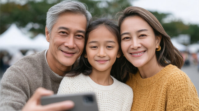Family moment of father, mother, and daughter embracing outdoors with a joyful selfie - Powered by Adobe