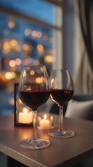 Romantic Wine: Two glasses of red wine sit intimately on a table with a warm candlelight scene, creating a sense of coziness and romance.