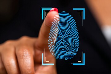 Fingerprint Verification: A close-up shot of a finger touching a screen with a digitally rendered fingerprint, symbolizing security and identity verification.