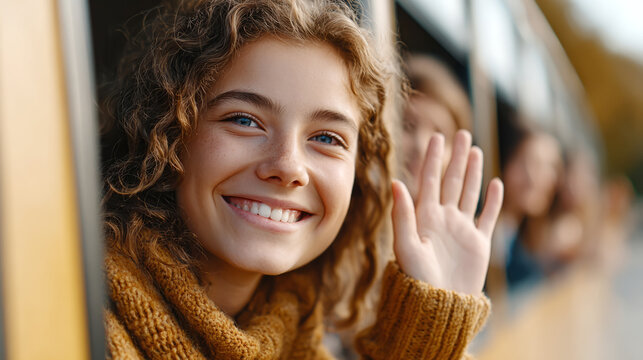 Cheerful farewell gesture: smiling traveler waving goodbye from a bus window