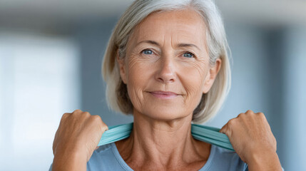 Senior woman exercising with resistance band for shoulder mobility and wellness