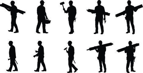 Construction worker silhouettes, hard hat team, toolbox carrier, plank lifter, hammer grip, walking pose, safety gear, black background, labor roles, building site tools