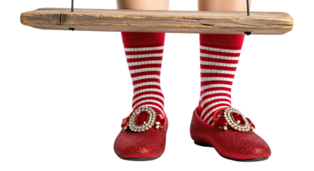 Close-up of legs in red shoes and striped socks hanging from a wooden swing