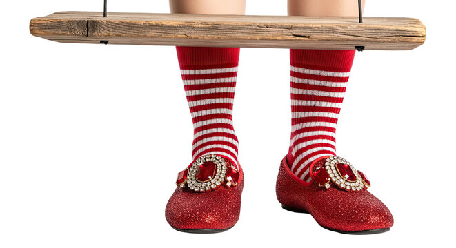 Close-up of legs in red shoes and striped socks hanging from a wooden swing