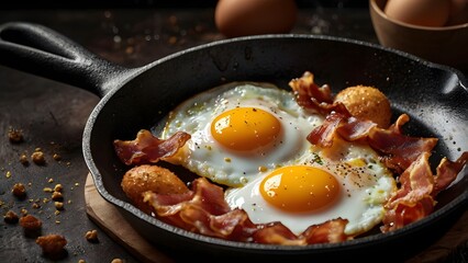 Double sunny side up eggs with crispy bacon in rustic cast iron skillet breakfast