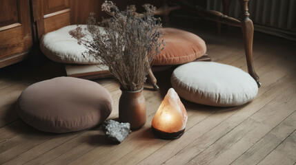 Tranquil meditation corner with floor cushions and salt lamp for relaxation