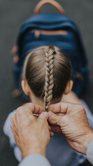 Morning routine: parent braiding child's hair before school starts