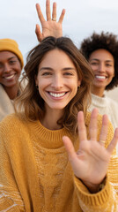 Say hi day celebration with friends high fiving and waving together
