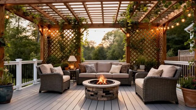 Spacious composite deck featuring a shaded pergola comfortable seating and decorative elements perfect for family gatherings and relaxation.
