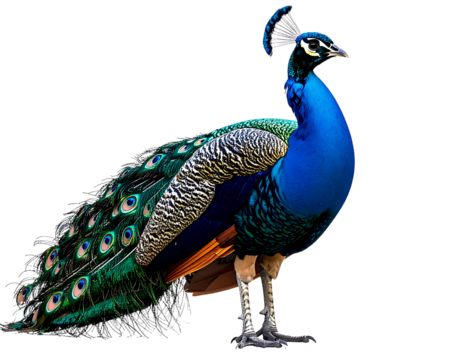 Full-body portrait of a vibrant peacock captured in sharp close-up detail with iridescent feathers and natural textures, isolated on a transparent background, PNG 