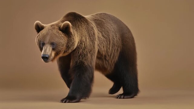 Oso pardo majestuoso caminando con confianza sobre un fondo neutro, mostrando su pelaje espeso y fuerte presencia.