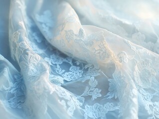 Delicate light blue lace fabric texture with floral embroidery patterns, capturing a dreamy, romantic aesthetic for bridal or fashion design inspirations