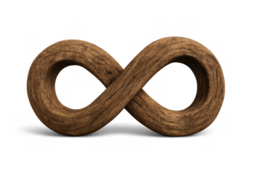 Wooden infinity symbol standing, a concept of limitlessness, continuity, and perpetuity, on a transparent alpha channel background