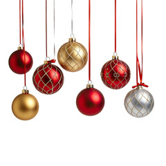 Ornaments suspended by red ribbons, against a black backdrop