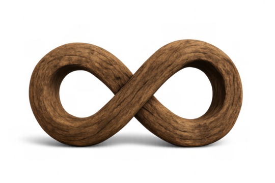 Wooden infinity symbol standing, a concept of limitlessness, continuity, and perpetuity, on a transparent alpha channel background
