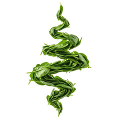 Spiral stack of fresh green leaves against a stark black background