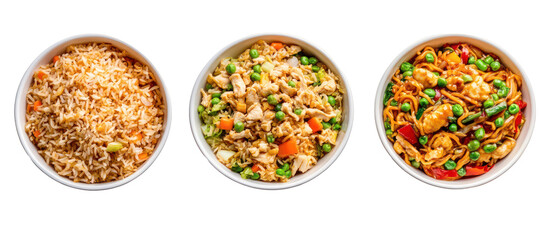 Three oval dishes of fried rice isolated on transparent background