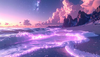 Fototapeta premium Dreamy Ocean Waves at Sunset with Glowing Purple Water and Pink Clouds.