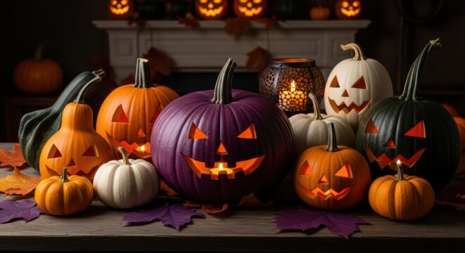 Spooky Jack-o'-Lanterns Glow with Candles and Autumn Leaves on Wooden Table, Halloween, Pumpkin, Carved - Powered by Adobe