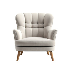 Cream-colored tufted armchair with wooden legs, isolated on transparent background