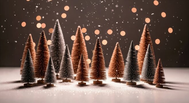 Miniature bottle brush Christmas trees in a snowy winter wonderland scene with warm bokeh lights and falling snow creating a festive holiday atmosphere
