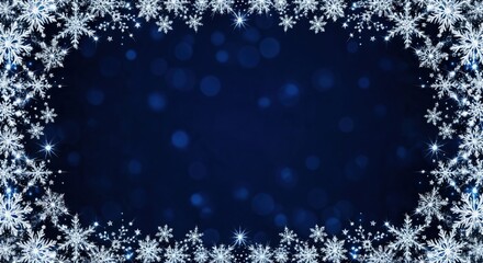 Fototapeta premium Beautiful Winter Holiday Background with Sparkling Snowflakes and Blue Bokeh Lights Forming a Festive Frame