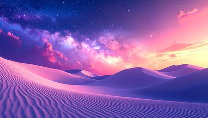 Surreal Desert Landscape with Vibrant Pink and Purple Sky at Sunset.
