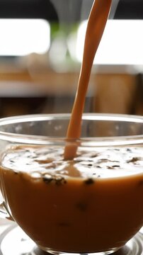 Pouring aromatic masala chai into a glass cup, generating a warm beverage